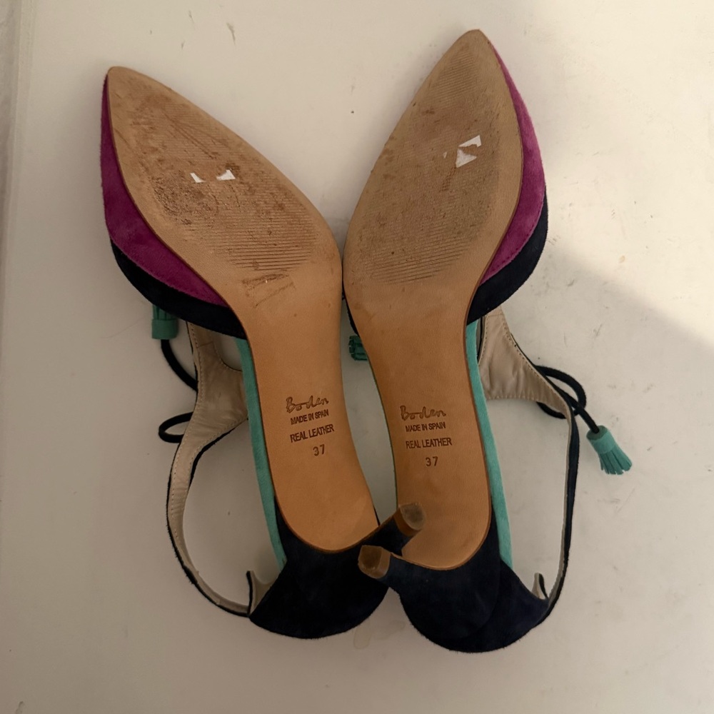 Boden Alice Suede Amethyst Navy Turquoise Tassel T-Strap Pointed Toe Heels EU 37 - Picture 7 of 8
